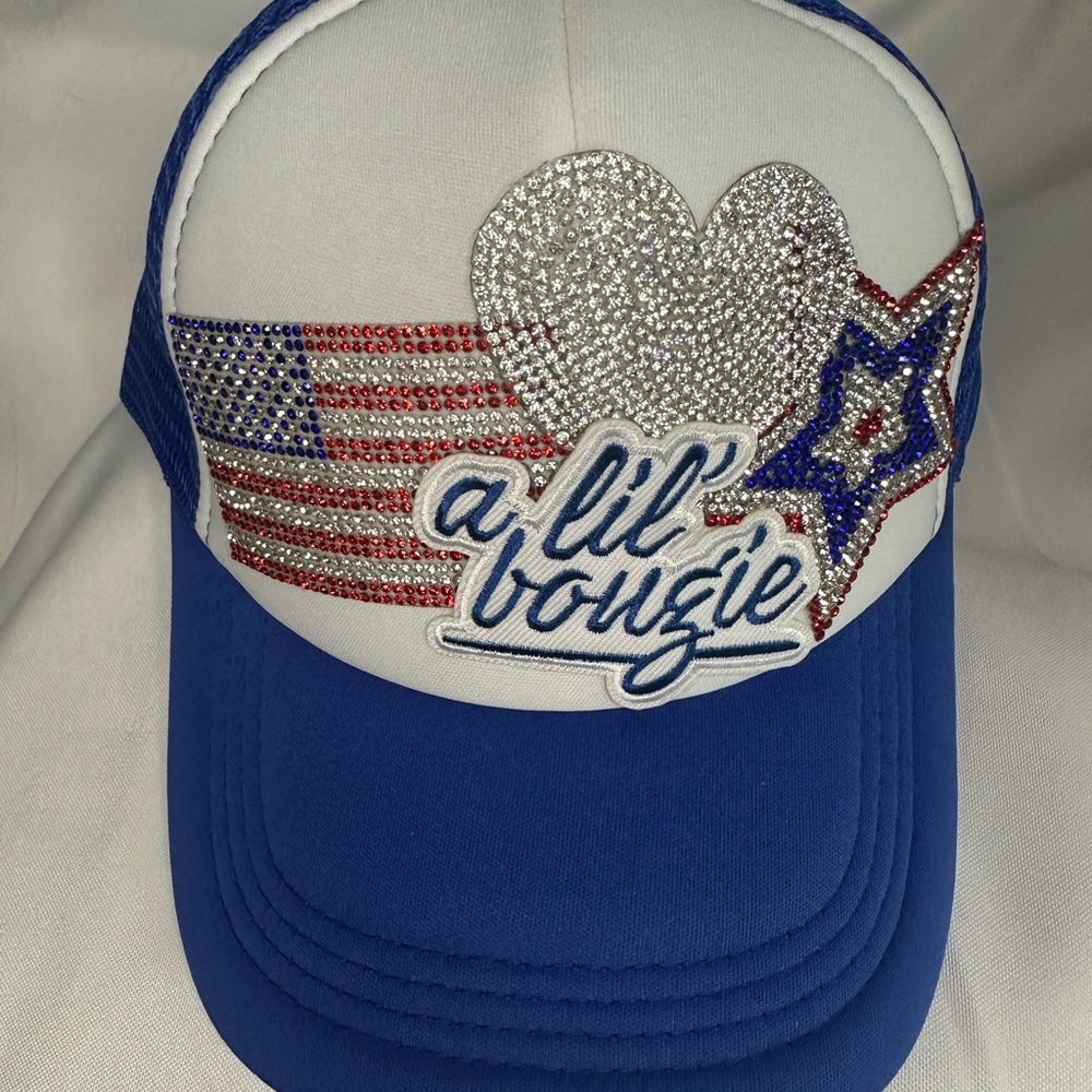 Blue and White Trucker Hat with Rhinestone Design